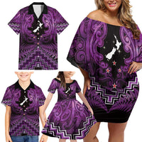 Personalised Aotearoa Matariki Family Matching Off Shoulder Short Dress and Hawaiian Shirt Purple Fern Maori Poutama
