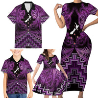 Personalised Aotearoa Matariki Family Matching Short Sleeve Bodycon Dress and Hawaiian Shirt Purple Fern Maori Poutama