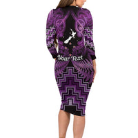 Personalised Aotearoa Matariki Long Sleeve Bodycon Dress Purple Fern Maori Poutama