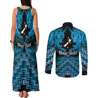 Personalised Aotearoa Matariki Couples Matching Tank Maxi Dress and Long Sleeve Button Shirt Turquoise Fern Maori Poutama