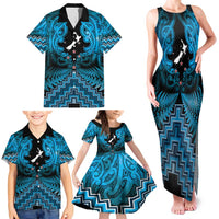 Personalised Aotearoa Matariki Family Matching Tank Maxi Dress and Hawaiian Shirt Turquoise Fern Maori Poutama