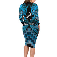 Personalised Aotearoa Matariki Long Sleeve Bodycon Dress Turquoise Fern Maori Poutama
