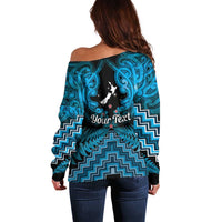 Personalised Aotearoa Matariki Off Shoulder Sweater Turquoise Fern Maori Poutama