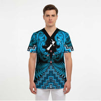 Personalised Aotearoa Matariki Scrub Top Turquoise Fern Maori Poutama - Polynesian Pride