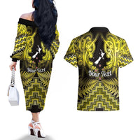 Personalised Aotearoa Matariki Couples Matching Off The Shoulder Long Sleeve Dress and Hawaiian Shirt Yellow Fern Maori Poutama