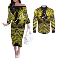 Personalised Aotearoa Matariki Couples Matching Off The Shoulder Long Sleeve Dress and Long Sleeve Button Shirt Yellow Fern Maori Poutama