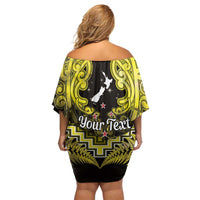 Personalised Aotearoa Matariki Family Matching Off Shoulder Short Dress and Hawaiian Shirt Yellow Fern Maori Poutama