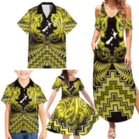 Personalised Aotearoa Matariki Family Matching Summer Maxi Dress and Hawaiian Shirt Yellow Fern Maori Poutama
