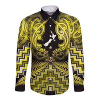 Personalised Aotearoa Matariki Long Sleeve Button Shirt Yellow Fern Maori Poutama