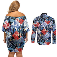 Hawaii Tropicana Blue Pattern Couples Matching Off Shoulder Short Dress and Long Sleeve Button Shirt - Polynesian Pride