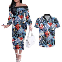 Hawaii Tropicana Blue Pattern Couples Matching Off The Shoulder Long Sleeve Dress and Hawaiian Shirt - Polynesian Pride