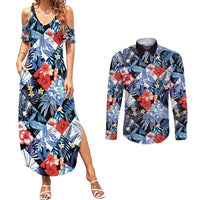 Hawaii Tropicana Blue Pattern Couples Matching Summer Maxi Dress and Long Sleeve Button Shirt - Polynesian Pride