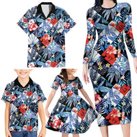 Hawaii Tropicana Blue Pattern Family Matching Long Sleeve Bodycon Dress and Hawaiian Shirt - Polynesian Pride