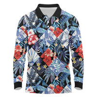 Hawaii Tropicana Blue Pattern Long Sleeve Polo Shirt LT01 Blue - Polynesian Pride