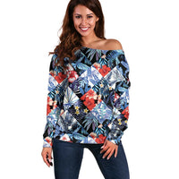 Hawaii Tropicana Blue Pattern Off Shoulder Sweater LT01 Women Blue - Polynesian Pride