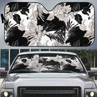 Black White Monotone Tropical Flowers Pattern Auto Sun Shade - Polynesian Pride