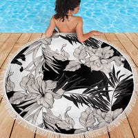 Black White Monotone Tropical Flowers Pattern Beach Blanket - Polynesian Pride