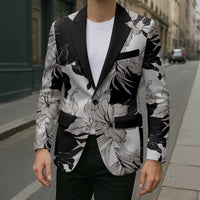 Black White Monotone Tropical Flowers Pattern Blazer - Polynesian Pride