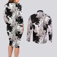 Black White Monotone Tropical Flowers Pattern Couples Matching Long Sleeve Bodycon Dress and Long Sleeve Button Shirt - Polynesian Pride