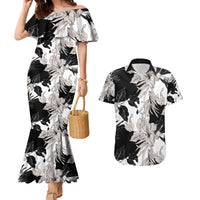 Black White Monotone Tropical Flowers Pattern Couples Matching Mermaid Dress and Hawaiian Shirt - Polynesian Pride