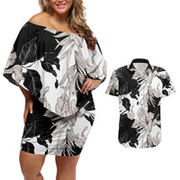 Black White Monotone Tropical Flowers Pattern Couples Matching Off Shoulder Short Dress and Hawaiian Shirt - Polynesian Pride