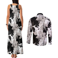 Black White Monotone Tropical Flowers Pattern Couples Matching Tank Maxi Dress and Long Sleeve Button Shirt - Polynesian Pride