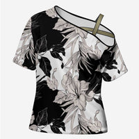 Black White Monotone Tropical Flowers Pattern Cross Shoulder Shirt - Polynesian Pride
