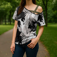 Black White Monotone Tropical Flowers Pattern Cross Shoulder Shirt - Polynesian Pride