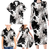 Black White Monotone Tropical Flowers Pattern Family Matching Long Sleeve Bodycon Dress and Hawaiian Shirt - Polynesian Pride