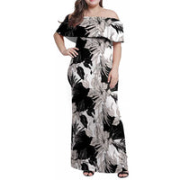 Black White Monotone Tropical Flowers Pattern Family Matching Off Shoulder Maxi Dress and Hawaiian Shirt - Polynesian Pride