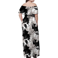 Black White Monotone Tropical Flowers Pattern Family Matching Off Shoulder Maxi Dress and Hawaiian Shirt - Polynesian Pride