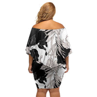 Black White Monotone Tropical Flowers Pattern Family Matching Off Shoulder Short Dress and Hawaiian Shirt - Polynesian Pride