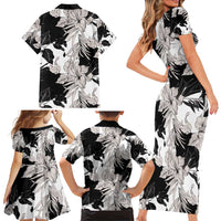 Black White Monotone Tropical Flowers Pattern Family Matching Short Sleeve Bodycon Dress and Hawaiian Shirt - Polynesian Pride