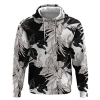 Black White Monotone Tropical Flowers Pattern Hoodie - Polynesian Pride