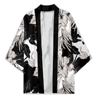 Black White Monotone Tropical Flowers Pattern Kimono - Polynesian Pride