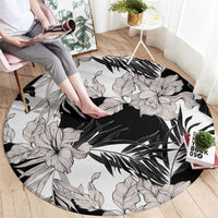 Black White Monotone Tropical Flowers Pattern Round Carpet - Polynesian Pride