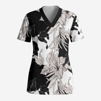 Black White Monotone Tropical Flowers Pattern Scrub Top - Polynesian Pride