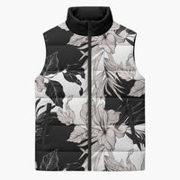 Black White Monotone Tropical Flowers Pattern Sleeveless Puffer Jacket LT01 Unisex Black - Polynesian Pride