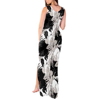 Black White Monotone Tropical Flowers Pattern Tank Maxi Dress - Polynesian Pride