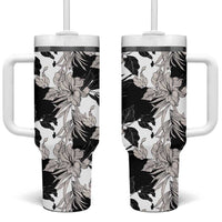 Black White Monotone Tropical Flowers Pattern Tumbler With Handle - Polynesian Pride