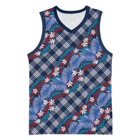 Polynesian Monstera Tiare Floral Basketball Jersey Royal Blue Tropical Plaid - Polynesian Pride
