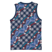 Polynesian Monstera Tiare Floral Basketball Jersey Royal Blue Tropical Plaid - Polynesian Pride