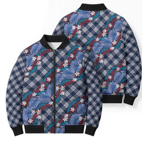 Polynesian Monstera Tiare Floral Bomber Puffer Jacket Royal Blue Tropical Plaid - Polynesian Pride