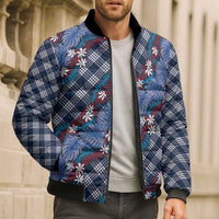 Polynesian Monstera Tiare Floral Bomber Puffer Jacket Royal Blue Tropical Plaid - Polynesian Pride
