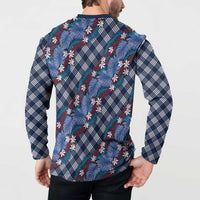 Polynesian Monstera Tiare Floral Button Sweatshirt Royal Blue Tropical Plaid - Polynesian Pride