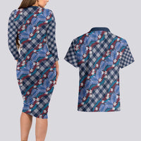 Polynesian Monstera Tiare Floral Couples Matching Long Sleeve Bodycon Dress and Hawaiian Shirt Royal Blue Tropical Plaid - Polynesian Pride