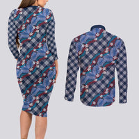 Polynesian Monstera Tiare Floral Couples Matching Long Sleeve Bodycon Dress and Long Sleeve Button Shirt Royal Blue Tropical Plaid - Polynesian Pride