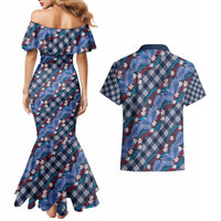 Polynesian Monstera Tiare Floral Couples Matching Mermaid Dress and Hawaiian Shirt Royal Blue Tropical Plaid - Polynesian Pride