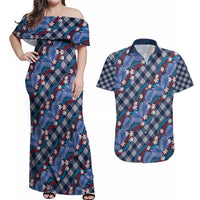Polynesian Monstera Tiare Floral Couples Matching Off Shoulder Maxi Dress and Hawaiian Shirt Royal Blue Tropical Plaid - Polynesian Pride
