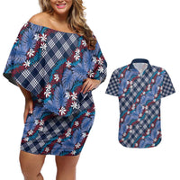 Polynesian Monstera Tiare Floral Couples Matching Off Shoulder Short Dress and Hawaiian Shirt Royal Blue Tropical Plaid - Polynesian Pride